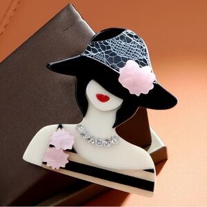 Elegant Black and Pink Woman Brooch